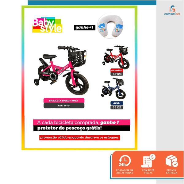 Imagem de Bicicleta Infantil Aro 12 Baby Style Speedy com Rodinhas Removíveis Menino Menina Freio Seguro Presente Cestinha Cesto Diversão e Segurança