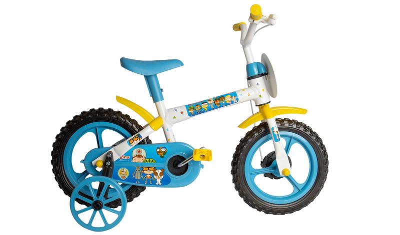 Imagem de Bicicleta infantil aro 12 - clubinho salva vidas - amarela, azul e branca, com adesivos - segura e divertida - Styll Kids