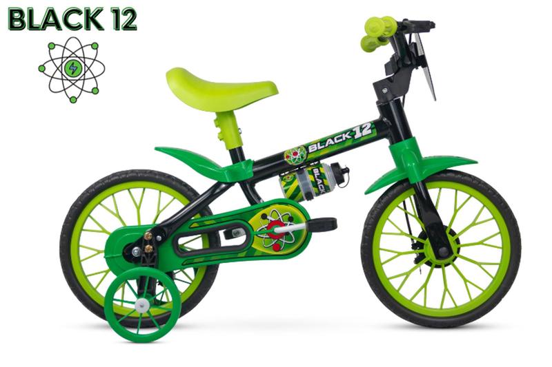 Imagem de Bicicleta Infantil Aro 12 Nathor Black 12 (SKU: 944_04) Preto e Verde com Rodinhas 