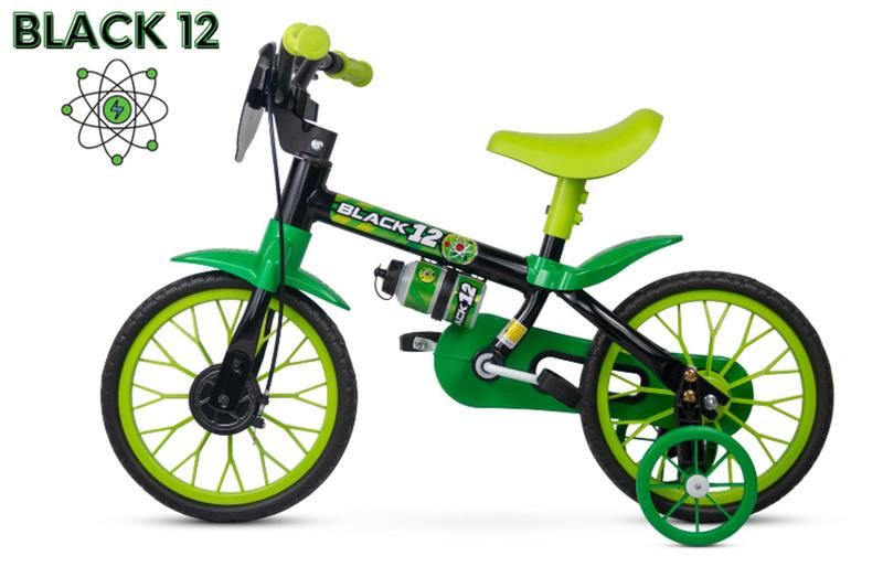 Imagem de Bicicleta Infantil Aro 12 Nathor Black 12 (SKU: 944_22) Preto e Verde com Rodinhas 