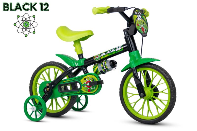 Imagem de Bicicleta Infantil Aro 12 Nathor Black 12 (SKU: 944_22) Preto e Verde com Rodinhas 