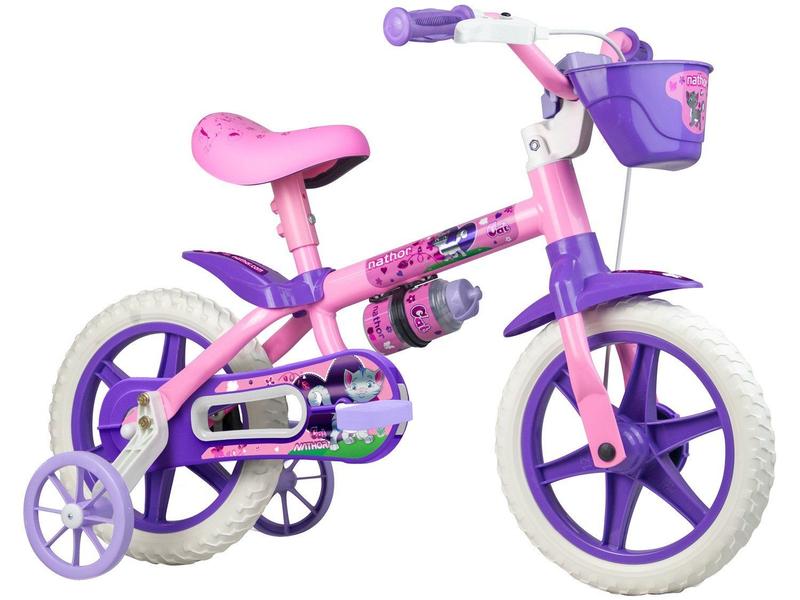 Bicicleta Infantil Aro 12 Nathor Cat Menina com Rodinhas e Cestinha Rosa