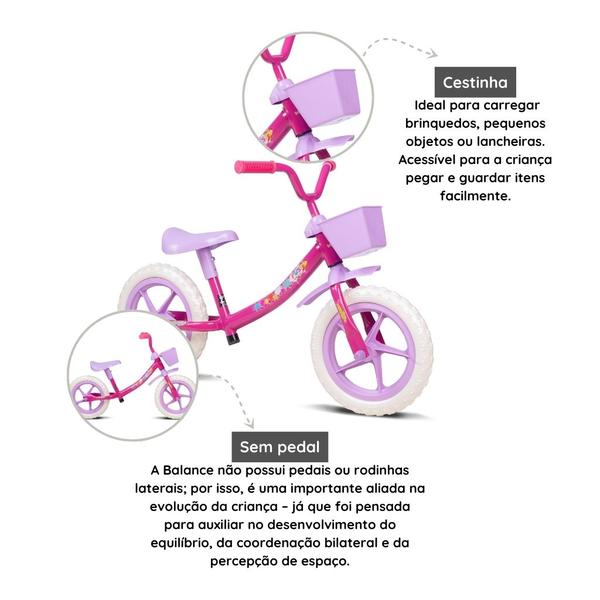 Imagem de Bicicleta Infantil Aro 12 Sem Pedal Equilíbrio A Partir De 2 Anos Com Cestinha Balance Rosa - Verden