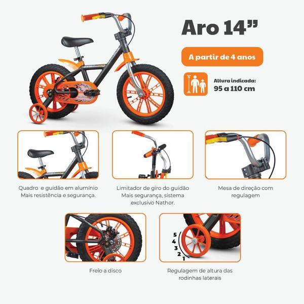 Imagem de Bicicleta Infantil Aro 14 First Pro Masculina Nathor Preto e Laranja