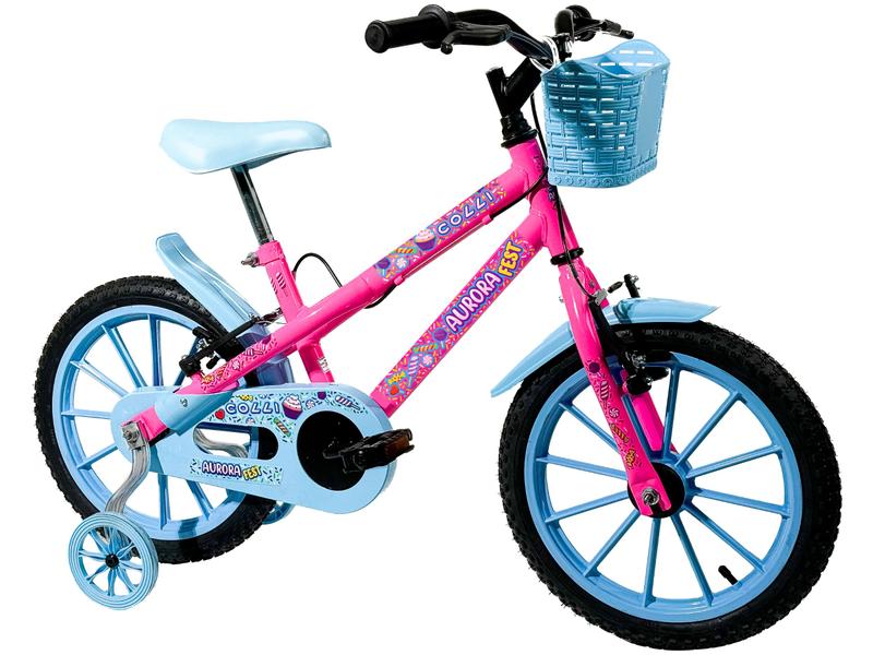 Bicicleta Infantil Aro 16 Colli Aurora Fest - Rosa Neon com Rodinhas Freio V-Brake Bicicleta Infantil Aro 16 Colli Aurora Fest - Rosa Neon com Rodinhas Freio V-Brake