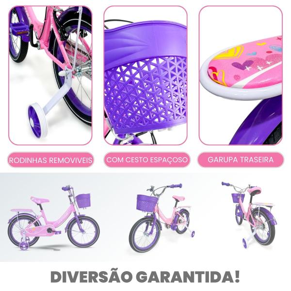 Imagem de Bicicleta infantil Aro 16 Feminina Love Rosa Garupa e Pezinhos 