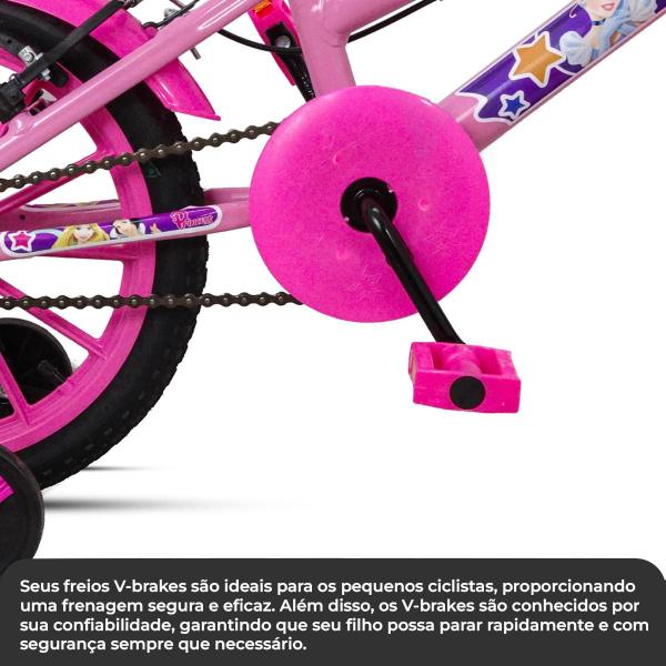 Imagem de Bicicleta infantil Aro 16 Vbrake Meninas com rodinha Rosa quadro Aço Carbono Princesa