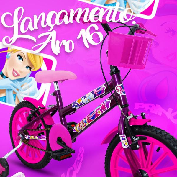 Imagem de Bicicleta infantil Aro 16 Vbrake Meninas com rodinha Rosa quadro Aço Carbono Princesa