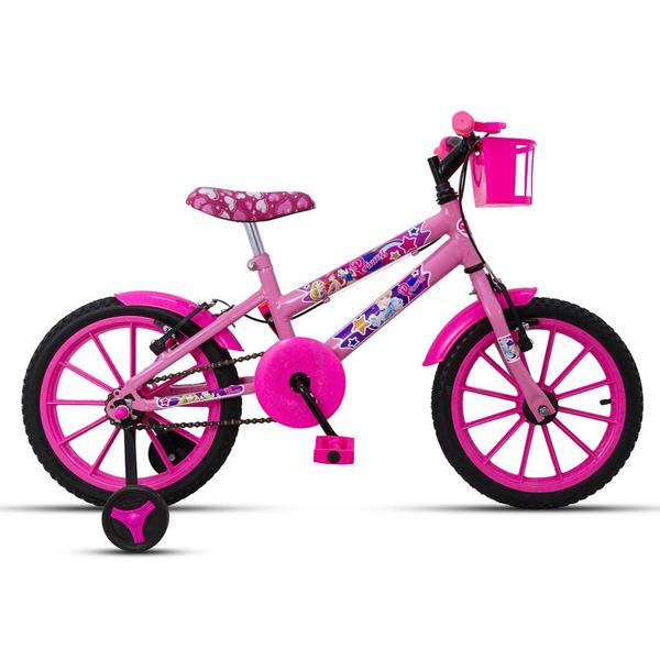 Imagem de Bicicleta infantil Aro 16 Vbrake Meninas com rodinha Rosa quadro Aço Carbono Princesa