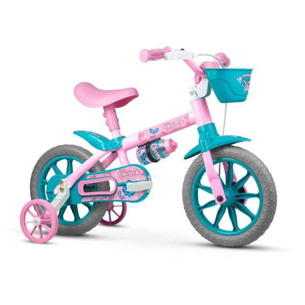 Imagem de Bicicleta Infantil Fem. - CHARM - Aro 12 - NATHOR + 3 Anos - Rosa/Azul C/Rodinhas de Segurança e Garrafinha de Água