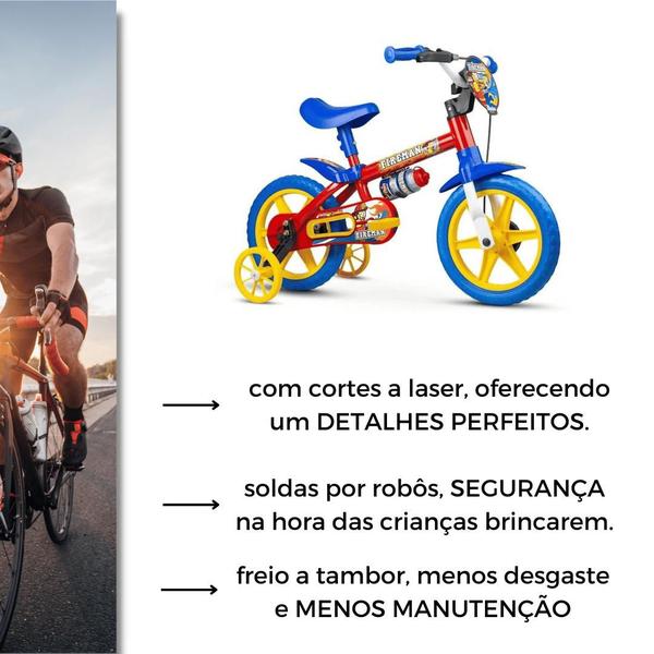 Imagem de Bicicleta Infantil Masc. FIREMAN - Aro 12 - NATHOR - Verm.Amarelo/Azul +3 anos C/ rodinhas de Segurança e Garrafinha