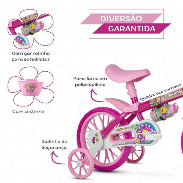 Imagem de Bicicleta Infantil Para Meninas Rosa Com Rodinhas Aro 12 Flower Nathor 