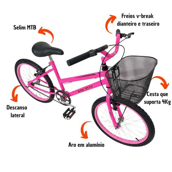 Imagem de Bicicleta Infantil Passeio Aro 20 Cesta Feminina Rosa Neon