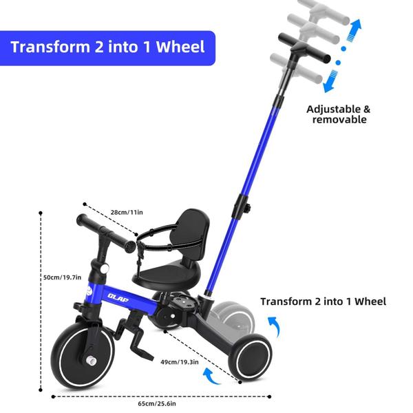 Imagem de Bicicleta infantil Tricycle Glaf com alça de pressão de 1 a 3 anos, azul