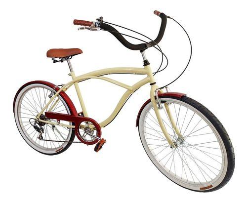 Imagem de Bicicleta Masculina Aro 26 Estilo Retrô 6v Bege C/ Vermelho