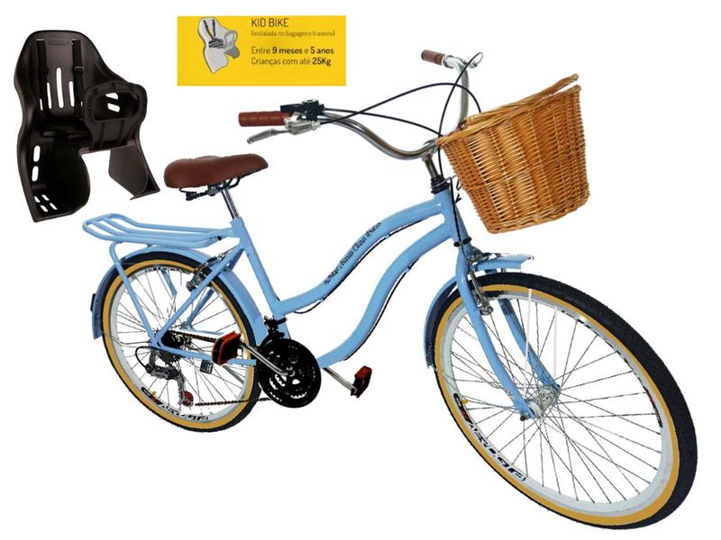 Imagem de Bicicleta retrô aro 26 cadeirinha cesta vime 18v azulbb clro