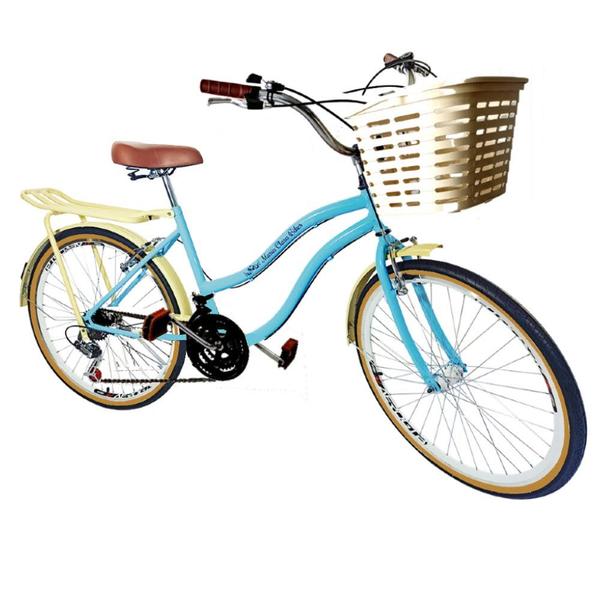 Imagem de Bicicleta retrô aro 26 cesta grande 18v bagageiro azul