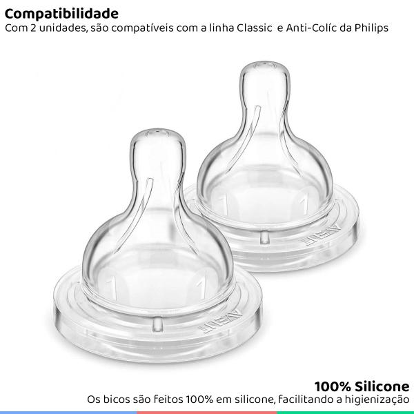 Imagem de Bico Mamadeira Fluxo Lento Para Bebê 0m+ Tamanho 1 100% Silicone 2 Unidades Anticolic Philips Avent