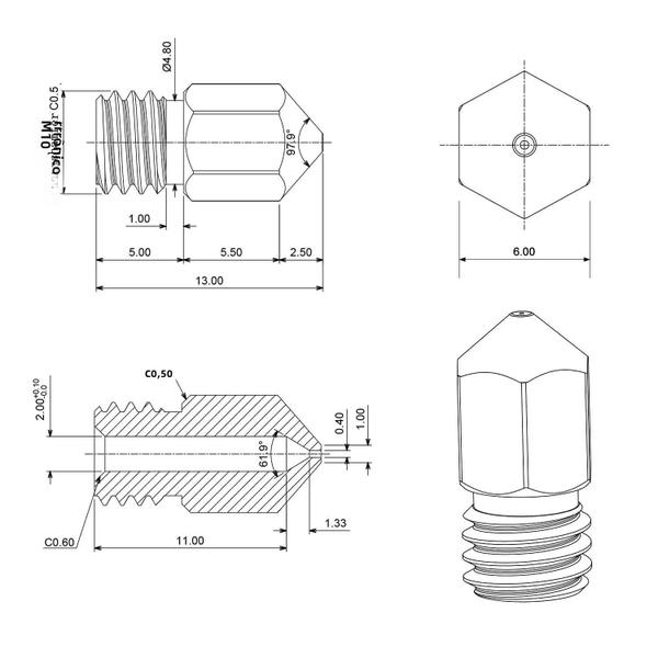 Imagem de Bicos de Latão 0,4mm MK8 (25 Unidades) para Impressoras 3D Ender 3/Creality CR-10