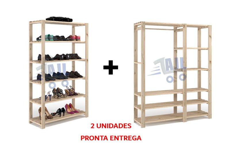 Big Aparador Pinus De Madeira E Arara Dupla Para Closet Organizador - AJB STORE Imagem de Big Aparador Pinus De Madeira E Arara Dupla Para Closet Organizador