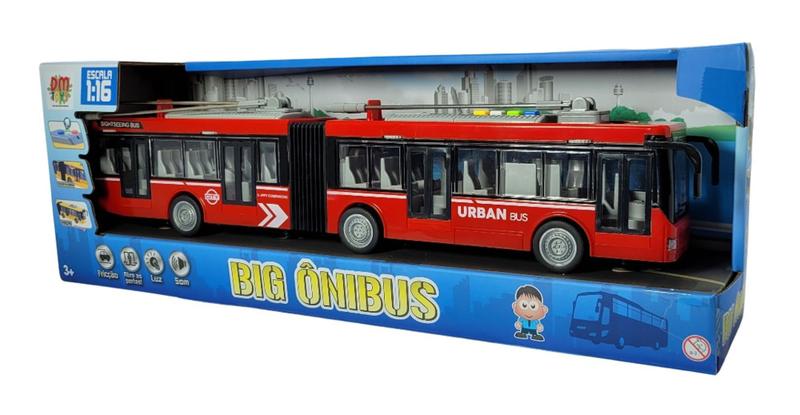 Imagem de Big Onibus Friccao com Luz e Som DM Toys Portas Abrem 44cm Vermelho Modelo Urbano Brinquedo