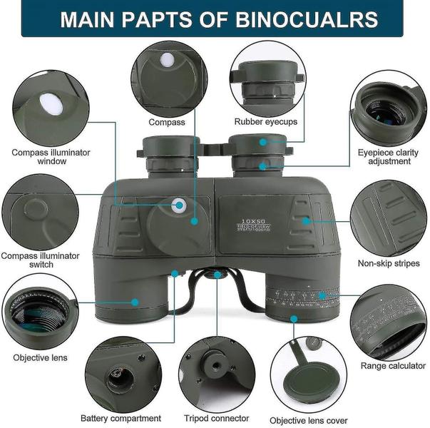 Imagem de Binóculos 10x50 marinhos militares binóculos para adultos binóculos impermeáveis com bússola rangefinder bak4