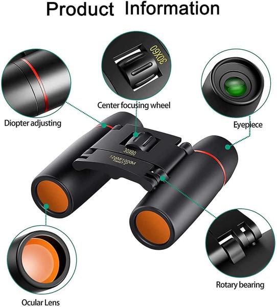 Imagem de Binóculos Compacto, binóculos telescópicos dobráveis 30x60 com visão noturna em condições de luz precárias para adultos e crianças perfeitos para observação de aves, caça ao ar livre, caminhadas, shows (preto)