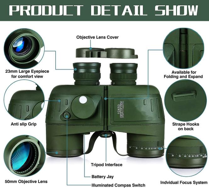 Imagem de Binóculos marinhos 10x50, binóculos com visão noturna, rangefinder e bússola, para entusiastas de esportes aquáticos e marinheiros de hobby, incluindo caixa sempre pronta, tampas de poeira e alça de ombro,(verde)