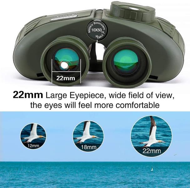 Imagem de Binóculos militares 10X50 para adultos, binóculos impermeáveis com rangefinder Compass BAK4 Prism FMC Lente para barco de caça observando pássaros,(verde exército)