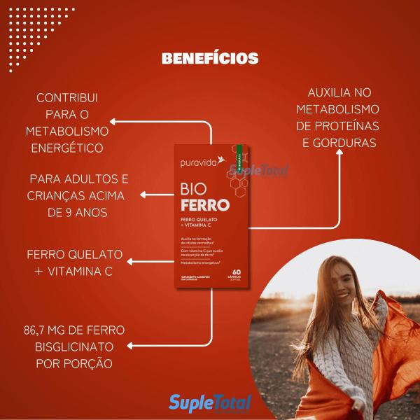 Imagem de Bio Ferro Vitaminas C Ferro Quelato 60 Cápsulas PuraVida