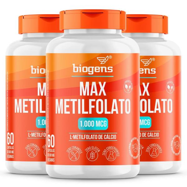 Biogens kit 3x max metilfolato 1000mcg 60 caps Imagem de Biogens kit 3x max metilfolato 1000mcg 60 caps