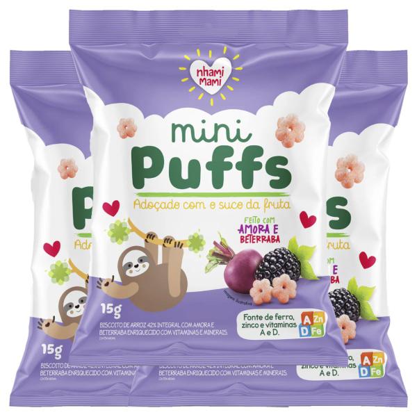 Imagem de Biscoito de Arroz Mini Puffs Amora e Beterraba Zero Glúten, Integral Nhami Mami contendo 3 pacotes de 15g cada