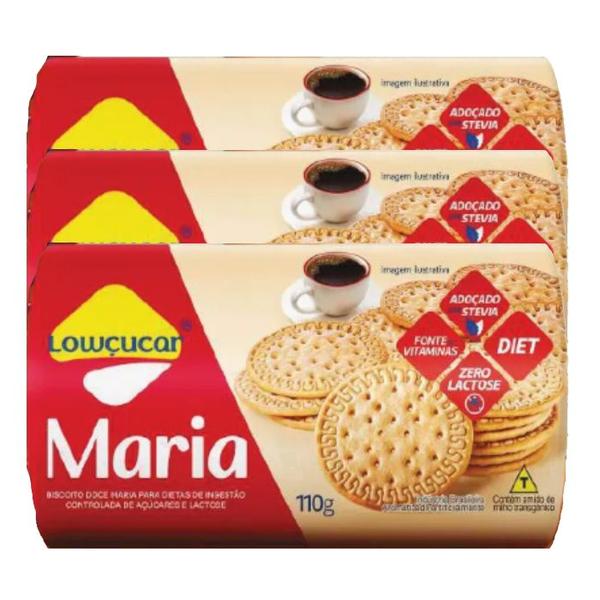 Imagem de Biscoito Diet, Zero Lactose Maria Lowçucar contendo 3 pacotes de 110g cada