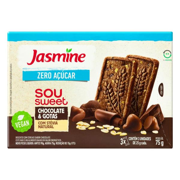 Imagem de Biscoito Jasmine Sou Sweet Zero Açúcar Sabor Chocolate e Gotas Vegan 75g