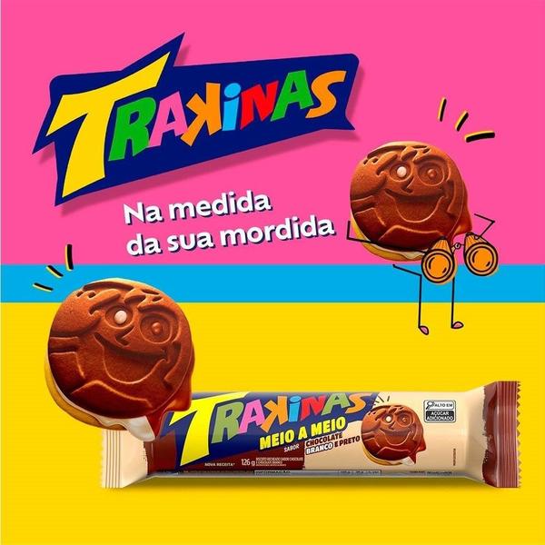 Imagem de Biscoito Recheado Trakinas Meio a Meio chocolate ao leite e branco de 126g Embalagem com 54 Unidades