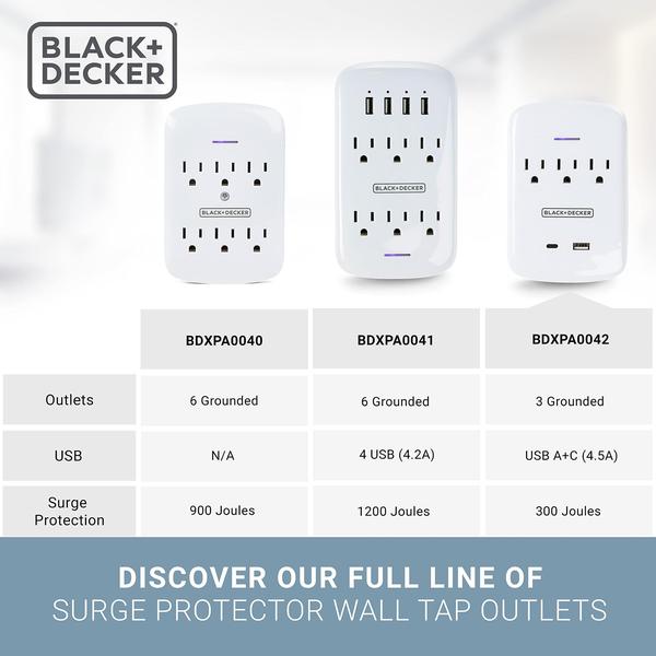 Imagem de Black + Decker Surge Protector Wall Mount com 3 tomadas aterradas, 2 portas de carregamento USB - Toque do adaptador de energia e carregador de parede USB com USB-C, Luz indicadora, desligamento automático - 3-Prong Power Outlet Plug