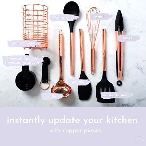 Imagem de Black Silicone & Copper Kitchen Utensílios com Suporte de Utensílio de Cobre - 17PC Conjunto: Copas de Medição preta e cobre e conjunto colheres, Rose Gold Kitchen Utensil Set -Preto e Acessórios de Cozinha de Cobre