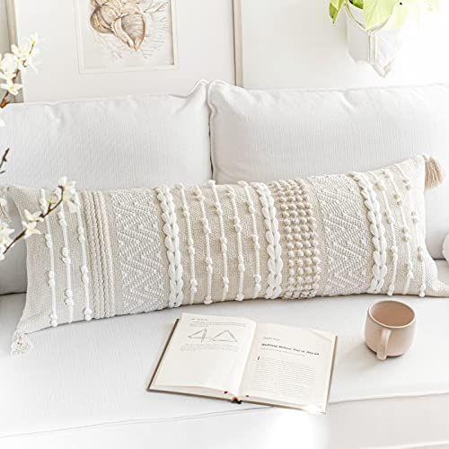 Imagem de BlissBlush White Cream Boho Lombar Throw Pillow Case 14x36 polegadas, Capa de travesseiro de corpo neutro, capa de travesseiro lombar texturizada boêmia tecida, almofada de sofá sofá cama Farmhouse (capa APENAS, 14X36 POLEGADAS)