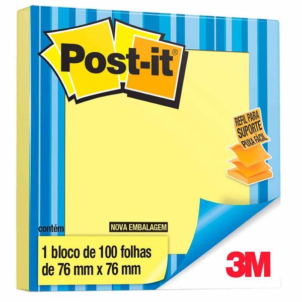 Imagem de Bloco Adesivo Post-it Refil Puxa Fácil 3M 76x76mm Amarelo 100 Folhas