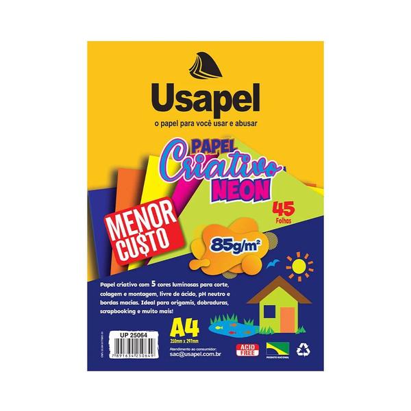 Imagem de Bloco Criativo Usapel Neon A4 com 45 Folhas em 5 Cores 210x297mm 85g