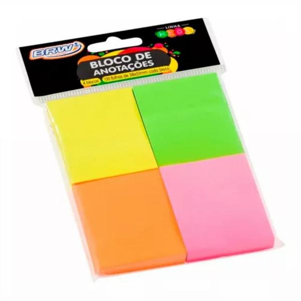 Imagem de Bloco De Anotações 38x51mm Colorido Neon Brw 04un Com 100fls