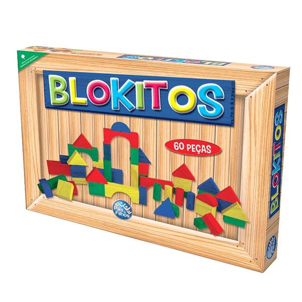 Imagem de Bloco De Montar Blokitos De Madeira Brinquedo 60 Peças Colorido