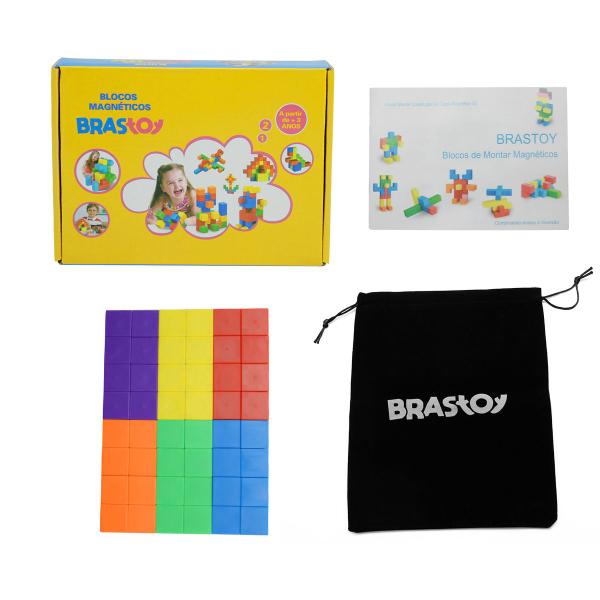 Imagem de Bloco de Montar Magnético Infantil Brastoy 48 Peças Coloridas Brinquedo Educativo Didático Pedagógico Criativo Com Bolsa de Armazenamento