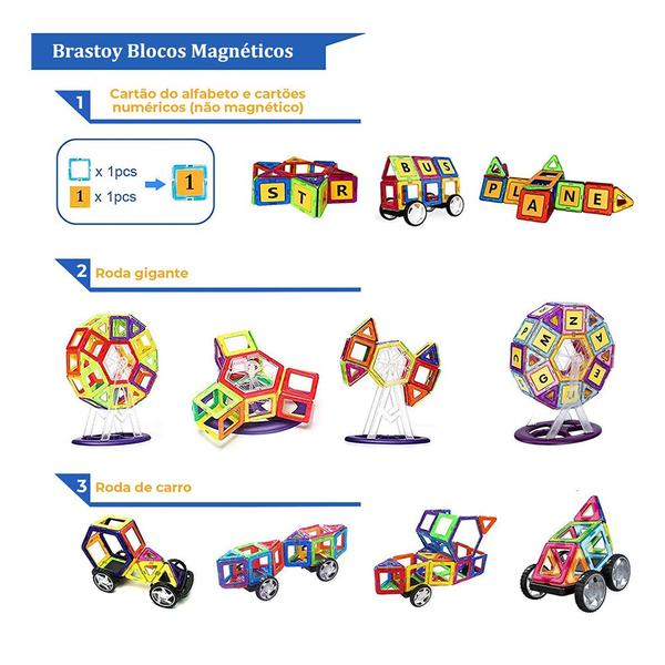 Bloco de Montar Magnético Infantil Brinquedo Educativo Criativo Brastoy Peças Grandes de Encaixe Imã Kit 120 peças Imagem de Bloco de Montar Magnético Infantil Brinquedo Educativo Criativo Brastoy Peças Grandes de Encaixe Imã Kit 120 peças