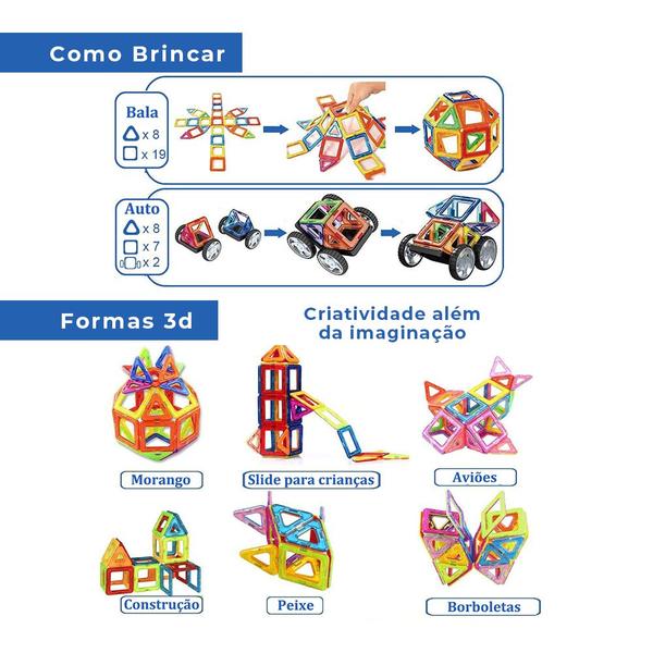Bloco de Montar Magnético Infantil Brinquedo Educativo Criativo Brastoy Peças Grandes de Encaixe Imã Kit 120 peças Imagem de Bloco de Montar Magnético Infantil Brinquedo Educativo Criativo Brastoy Peças Grandes de Encaixe Imã Kit 120 peças