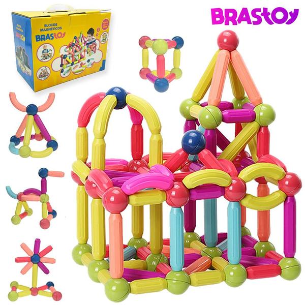 Imagem de Bloco de Montar Magnético Infantil Brinquedo Educativo Kit Criativo Peças Grandes Encaixe Imã 64 ou 120 Peças com Bolsa de Armazenamento