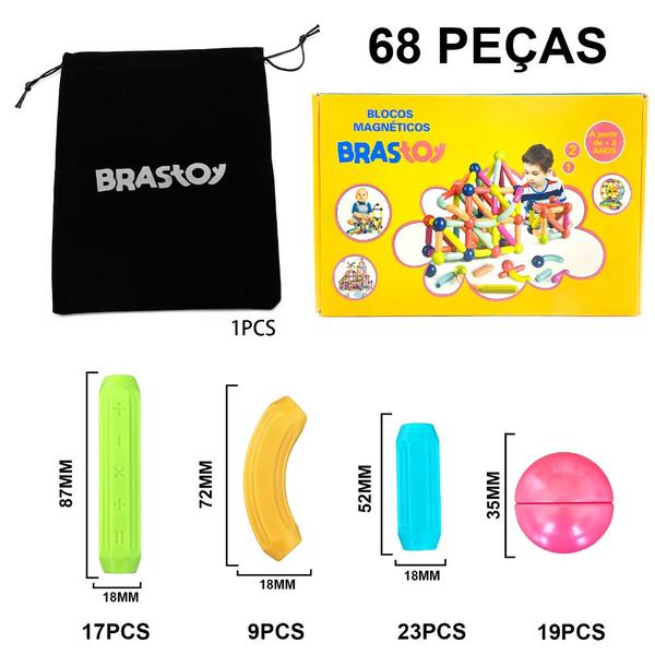 Imagem de Bloco de Montar Magnético Infantil Brinquedo Educativo Kit Criativo Peças Grandes Encaixe Imã 64 ou 120 Peças com Bolsa de Armazenamento