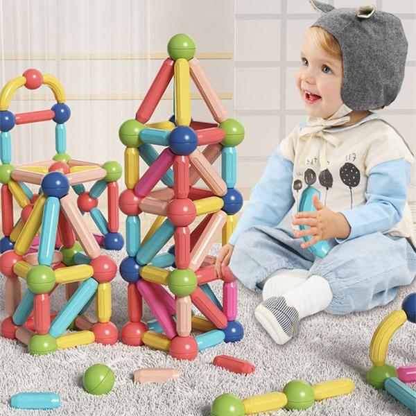 Imagem de Bloco de Montar Magnético Infantil Brinquedo Educativo Kit Criativo Peças Grandes Encaixe Imã 64pçs