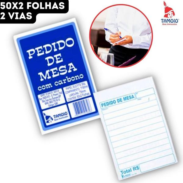 Imagem de Bloco Pedido de Mesa COM Carbono 2 Vias Pedidos Restaurante Quiosque Bar Tamoio - 11,9x7,5cm - 50x2 Folhas