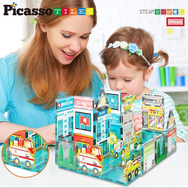 Imagem de Blocos de construção magnéticos PicassoTiles Metro City com 8 veículos